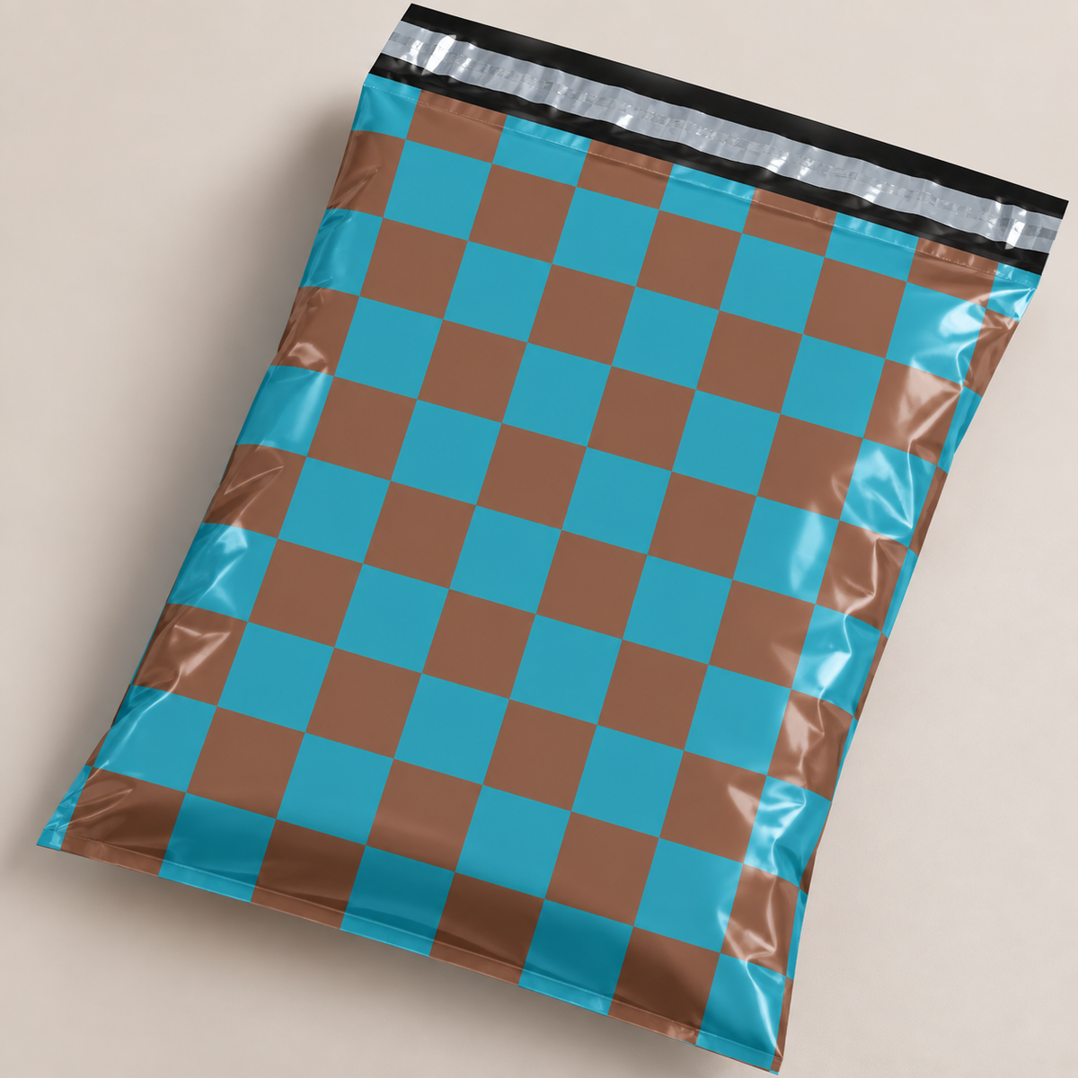 Tan/Teal Checker Poly Bag (7.5" x 10.5")